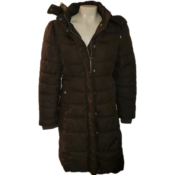 Mossimo Denim Jackets & Blazers - MOSSIMO Puffer Coat Brown Quilted Longline Padded Winter Jacket Warm Fur hood S‎